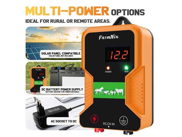 Électrificateur de clôture électrique 15KM, contrôleur d'impulsions haute tension 12KV, affichage LCD alimenté par panneau AC/solaire pour bétail de ferme