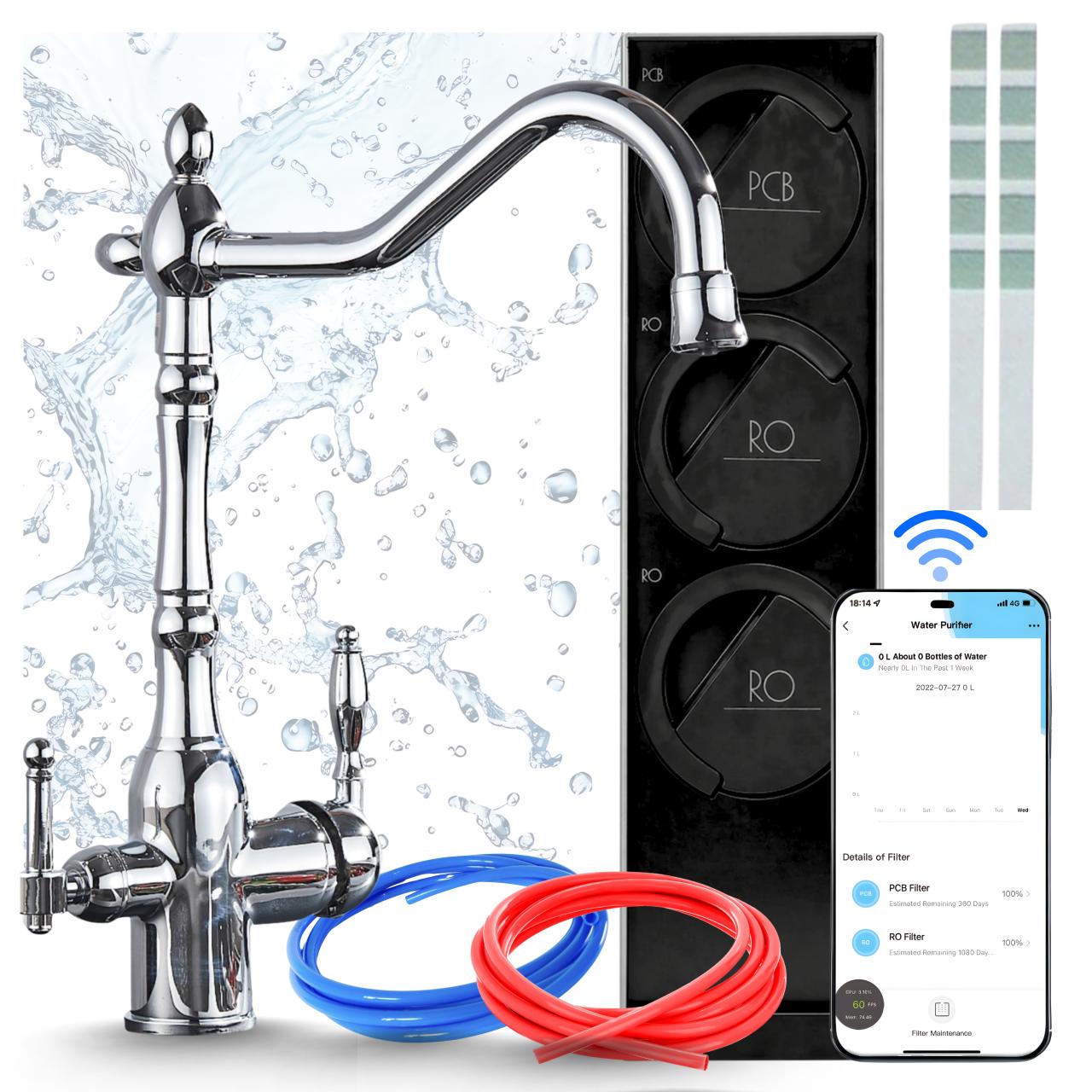 Küchenarmatur Mit Wasserfiltersystem Ari Retro 2, Umkehrosmoseanlage 800 Gpd Mit Wifi, Zweigriffarmatur, Chrom, Messing, Keramikkartusche