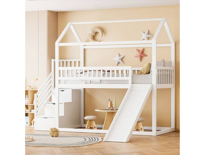 Lit Cabane Mezzanine - MERAX - 90x200 cm - Toboggan - Escalier de rangement - Blanc
