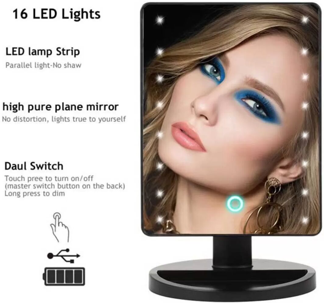 INF LED-Kosmetikspiegel mit 16 Lichtern - Tragbarer Tisch-Kosmetikspiegel Schwarz