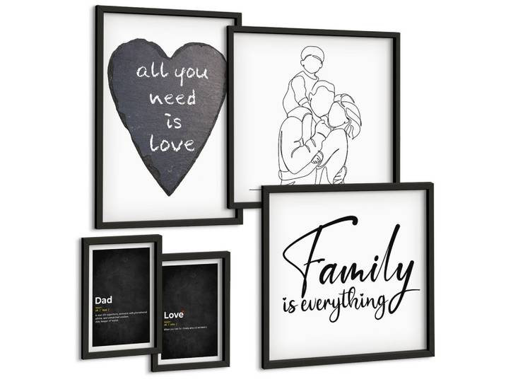BILDER SET 5er Set - 50x50 cm & 20x30 cm & 40x60 cm Schwarzer Rahmen - Definitionen der Liebe in Familienzeichnungen