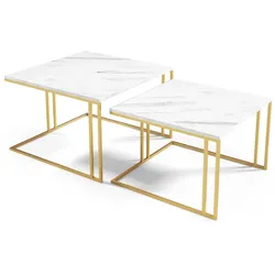 COUCHTISCH Astra, Doppel Kaffeetisch im Loft-Stil, Goldfarben+Marmor Bianco