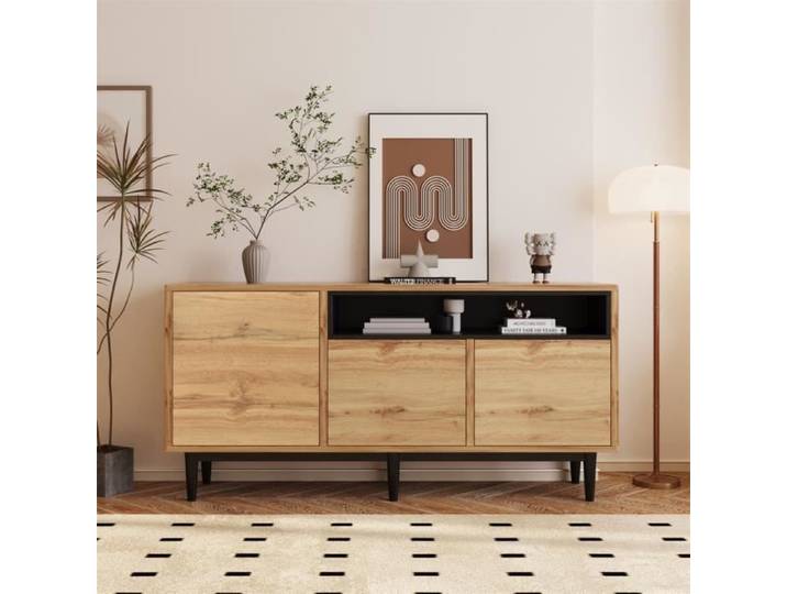 Buffet bas - Armoire TV - 160x35x76 cm - Bois noir - 3 portes - Design contemporain