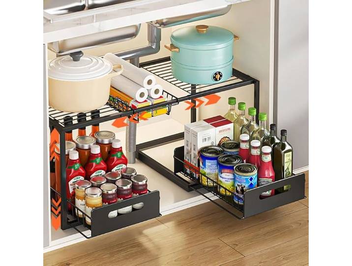 Rangement Sous Evier Extensible 2 Niveaux Métal Hauteur Réglable Coulissant Tiroir Étagères Noir A-Style MEUBLE A EPICES