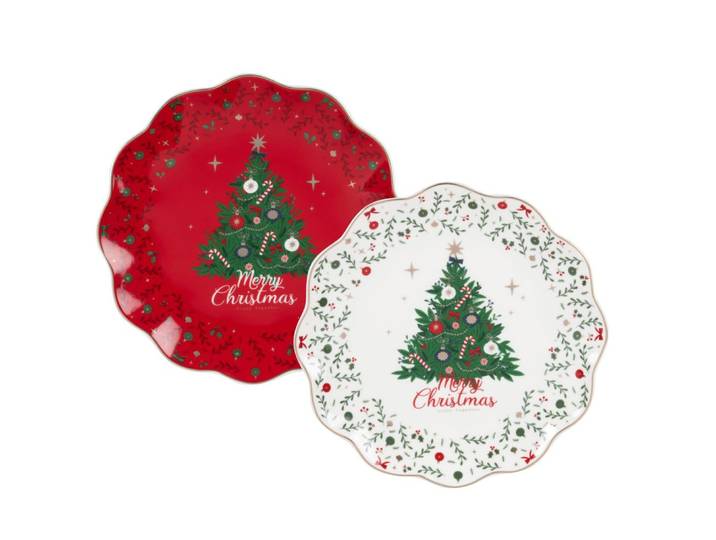Set mit Desserttellern aus Keramik (x4) mit Weihnachtsmotiven in Beige, Grün, Rot und Gold