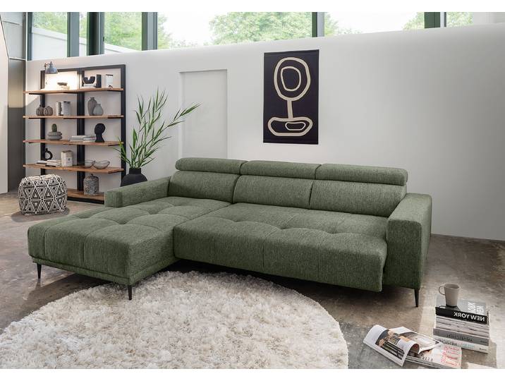 Ecksofa mit Sitztiefenverstellung Grün Webstoff Jimin 276 x 95 x 188cm Longchair davorstehend links Modern