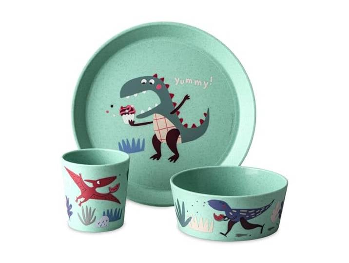 Koziol CONNECT REX Kindergeschirrset 3teilig kleiner Teller + Schale + Becher für Kinder ab 6 Monate biozirkulärer Kunststoff, bruchfest, spülmaschinengeeignet (organic sage green)