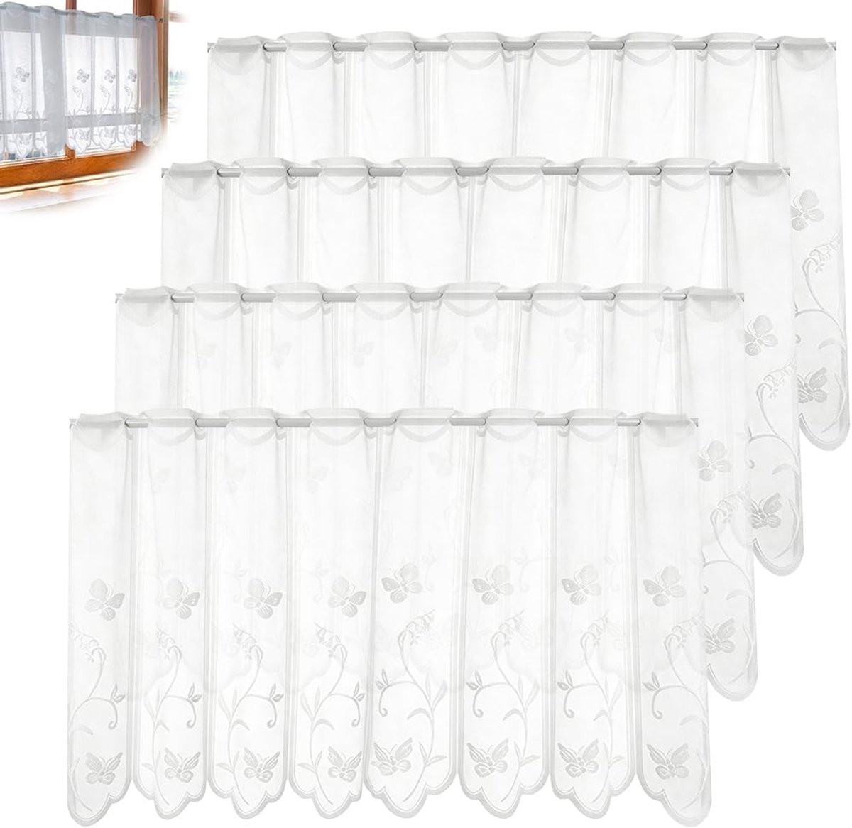 Wit verduisterend bistrogordijn met gebogen rand voor keuken, slaapkamer of badkamer, 130 x 45 cm