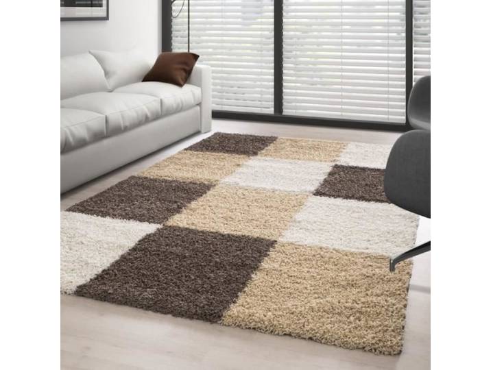 Tapis Shaggy - MARRON-BLANC-BEIGE - 120x170 cm - 100% PP - Pile 30 mm - Rectangulaire