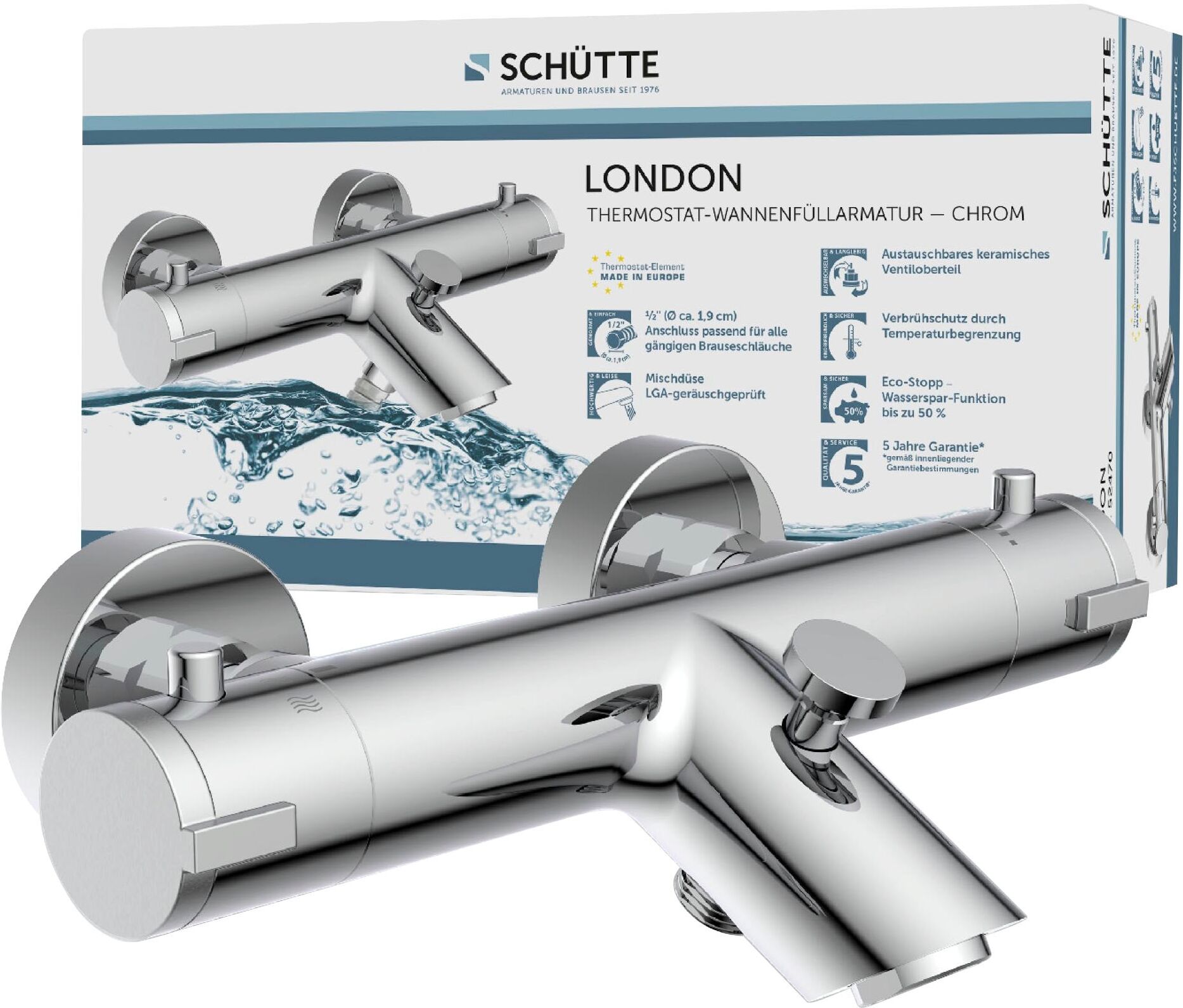 Badarmatur SCHÜTTE "3-teilige Serie LONDON", grau (chrom), Messing, Armaturen, Badarmatur, Energiesparend, Verbrühschutz, 360 schwenkbar, wassersparend chrom Einheitsgröße