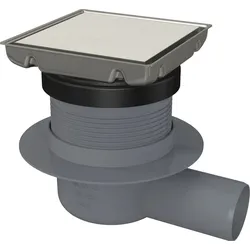 AlcaDrain Edelstahl-Bodenablauf 130×130 mm mit einem waagrechten Abgang, doppelseitiges Edelstahl-Rost, Kombi-Geruchsverschluss SMART