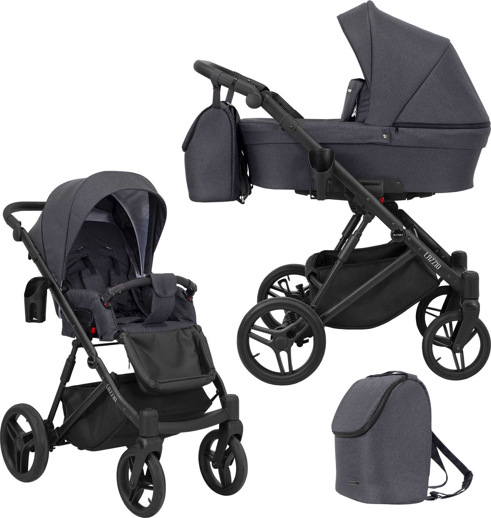 Kinderwagen LAZZIO Sportwagen Babywagen Babyschale Komplettset Kinder Wagen Set 2 in 1 (anthrazit, Rahmenfarbe: Schwarz)