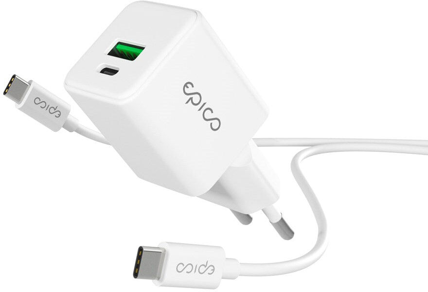 Epico UltraBoost GaN 20W Vægoplader - 1.2m USB-C til USB-C Kabel - 1x USB-C / 1x USB-A - Hvid