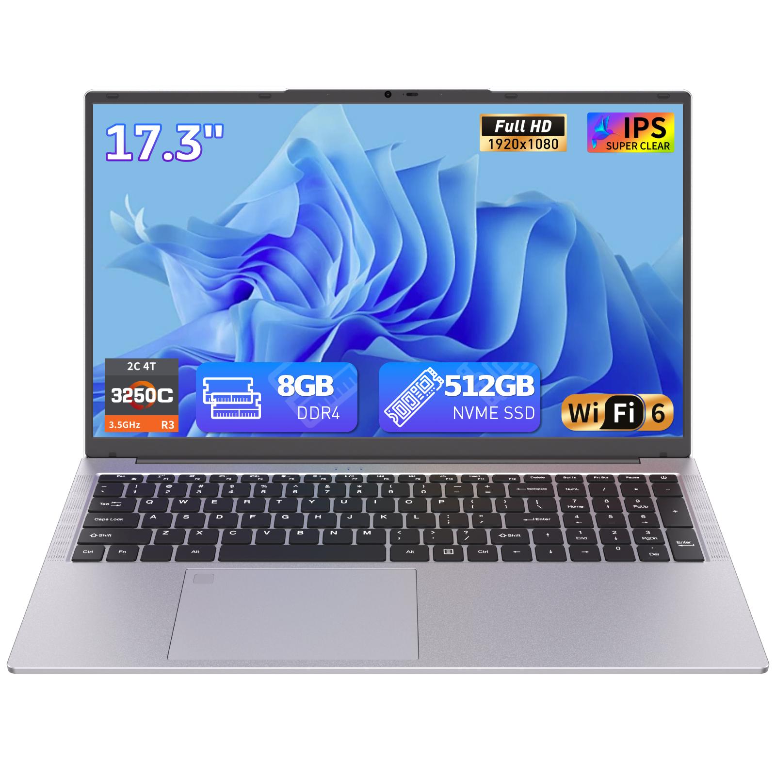 Auusda 17,3 Zoll Laptop, AMD R3-3250C, 8GB RAM, 512GB SSD, FHD, WiFi 6, Fingerabdruck, beleuchtete Tastatur, abdeckbare Kamera, USB-C