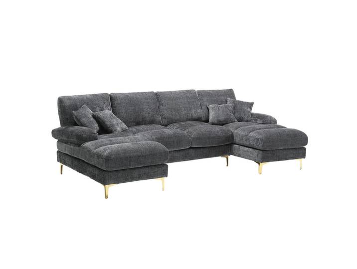 Wishdor Wohnlandschaft Chenille Grau mit 2 Liegeflächen und Kissen, Metall, Rechteckig, 272x88x136 cm, Wohnzimmer, Sofas & Couches, Wohnlandschaften, Wohnlandschaften in U-Form