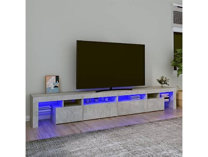 TV Unterschrank mit RGB LED-Beleuchtung, Betongrau, 260x36,5x40cm, Möbel aus Holzwerkstoff mit Stauraum und Präsentationsplatte