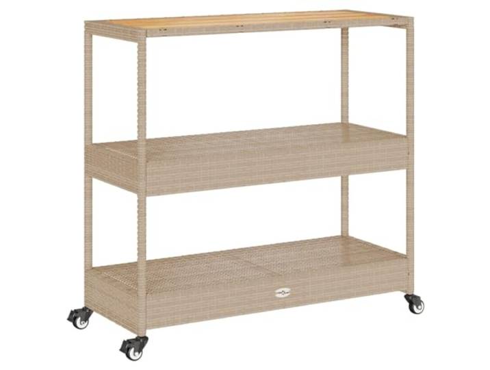Foknhdi Barwagen 3 Böden Poly Rattan Akazienholz Servierwagen Beige Vielseitiger Getränkewagen mit Akazienholz-Platte für Balkon, Terrasse, Küche und Poolbereich mit 4 Rollen.