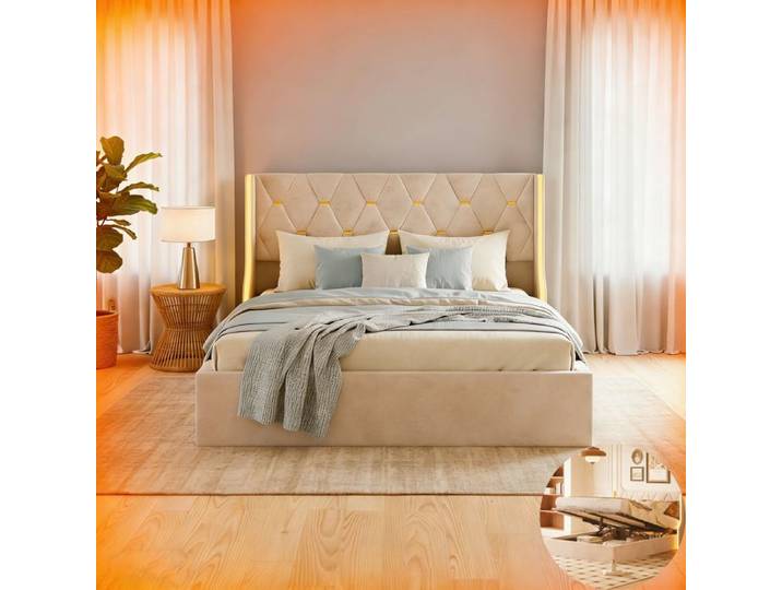 Lit 160x200 cm DRELYGWEA cadre de litcoffre 160x200 coffre LED sommier à lattes tissu en velours beige