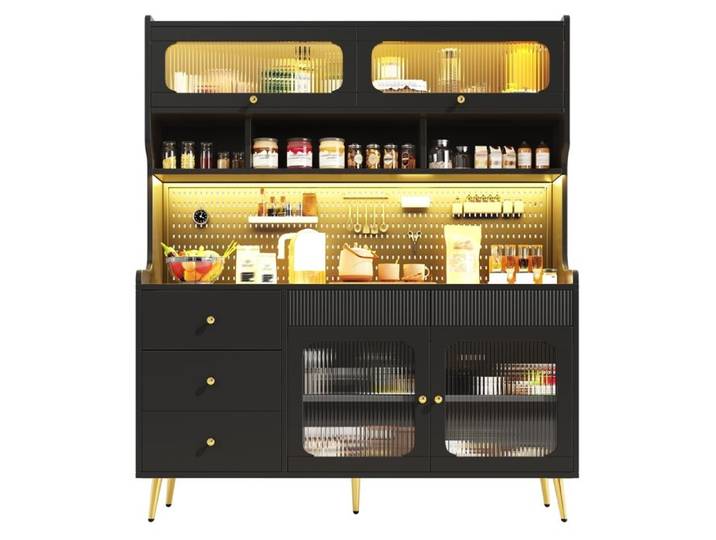 Buffet Cuisine avec éclairage LED Armoire de Cuisine Haute Meuble de Cuisine avec Tiroirs et étagères en Verre 145x39x171cm Noir