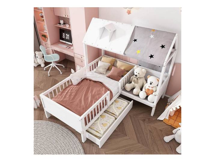 LuxusKollektion Hausbett Kinderbett Hausbett 90x200 cm Weiß mit Zeltstoff