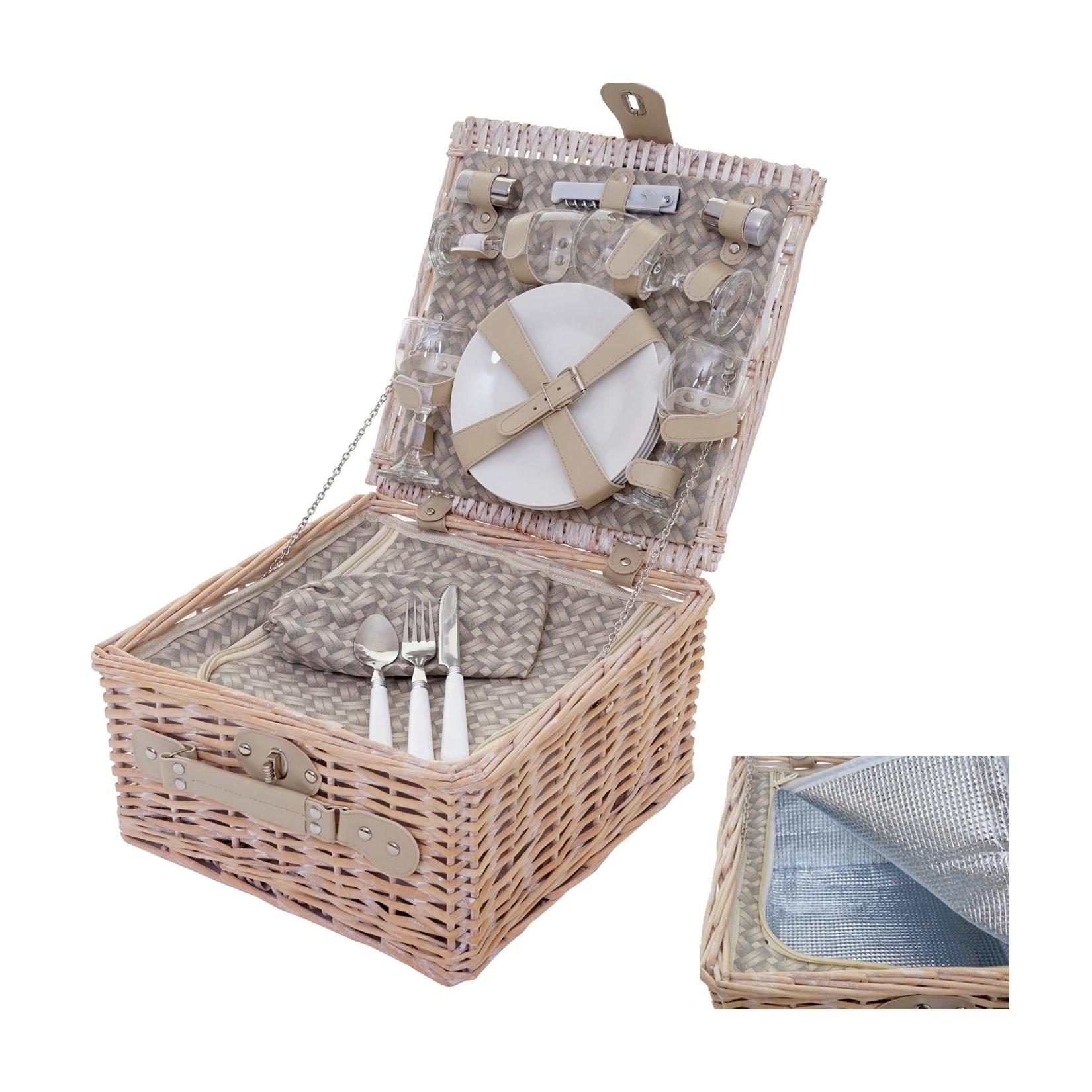 Picknicktasche für 4 Personen, Picknickkorb-Set + Kühlfach, Porzellan Glas Edelstahl, beige