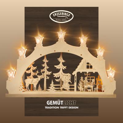 LED Schwibbogen WEIGLA "Weihnachtsabend, Lichterbogen aus Holz, NATUR, Made in Germany", beige (natur), B:52cm H:32cm T:6cm, Holzwerkstoff, Schwibbögen, Erzgebirge garantiert, Weihnachtsdeko Innen, Weihnachtsbeleuchtung