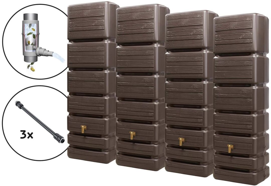4rain Regentonne-Set Slim Wood Decor inkl. Zubehör Wandtank 1400 L darkwood 4 Stück