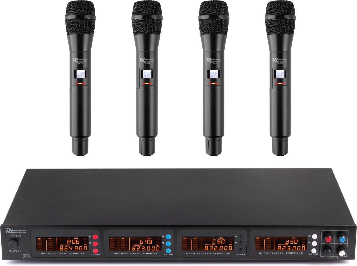 Power Dynamics Pd504h 4x 50-Kanal-Uhf-Drahtlosmikrofonset Mit 4 Handmikrofonen