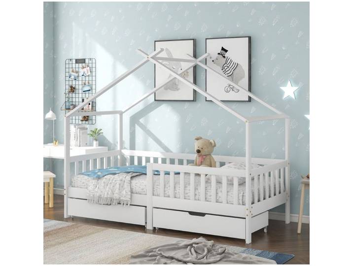 HOMVRA Lit cabane enfant 90x200 cm avec 2 tiroirs barrières de sécurité et sommier à lattes blanc