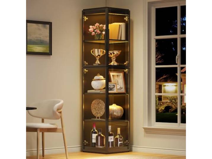 Merax Vitrine 40x40x170 cm, Schwarz, schmale Acrylvitrine mit LED-Beleuchtung, fünf Einlegeböden, Doppeltüren und Rundumsicht für Wohnzimmer, Essbereich und Büro