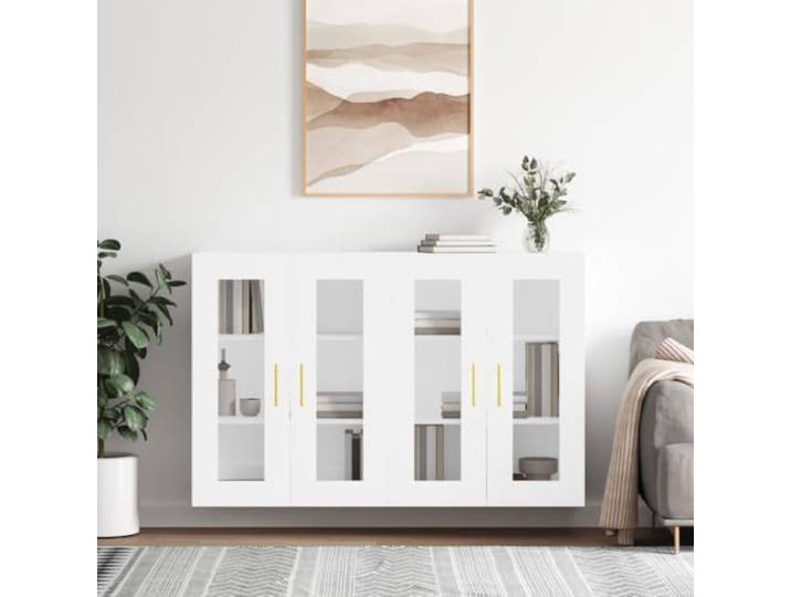 Wandschraenke 2er Set Weiss Holzwerkstoff Haengeschrank mit Glastuer Wandmontage, glatte Oberflaeche, feuchtigkeitsbestaendig, als Sideboard-Aufsatz nutzbar, dekorative Glastueren
