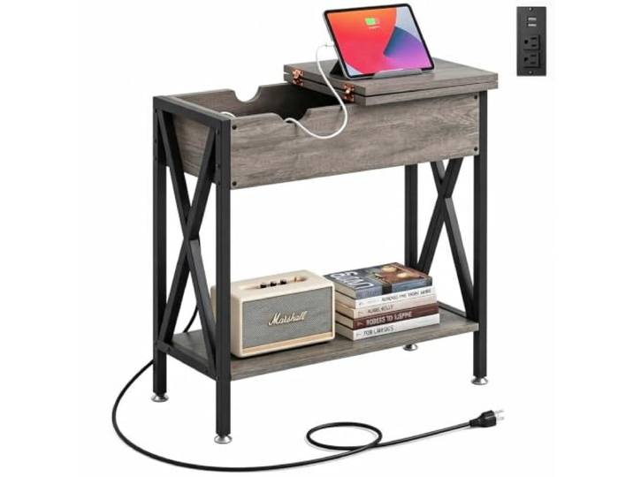 Beistelltisch mit Ladestation, 30,5 cm T x 61 cm B x 61 cm H, Grau Schmaler Beistelltisch für Wohnzimmer mit USB-Anschlüssen und Steckdosen, Beistelltisch mit 14 cm tiefer Schublade und