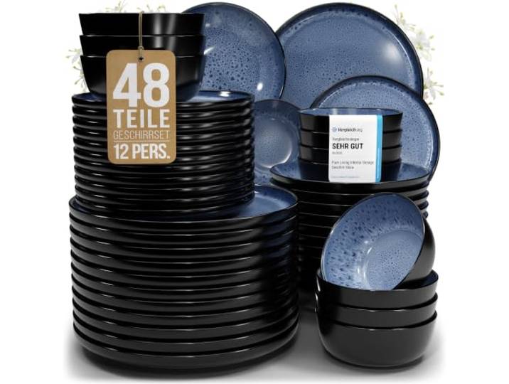 Steingut Geschirrset 12 Personen Ibiza 48 tlg., Traumhaftes Mediterranes Steingut Geschirr Set, Schüssel- und Teller Set, Tafelservice 12 Personen, Geschirrsets Pure Living in Tiefblau