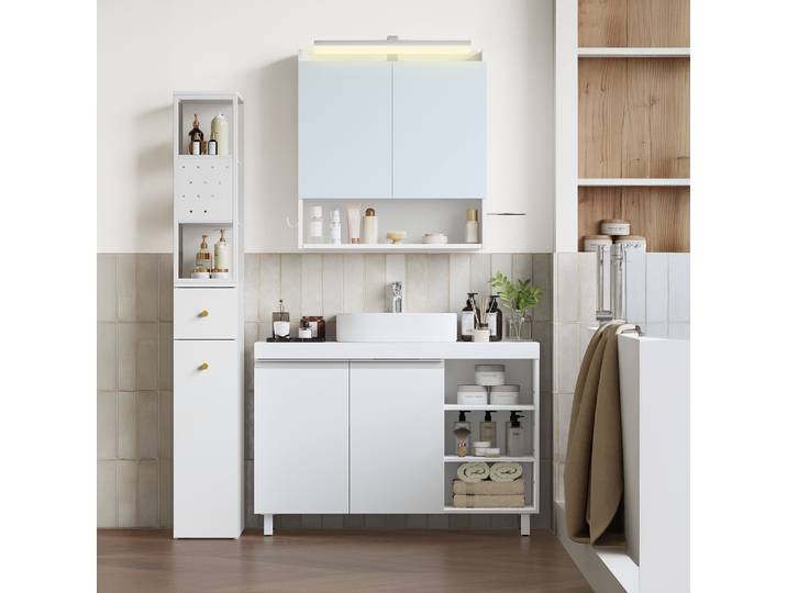 Meuble-lavabo avec 2 portes et 3 compartiments ouverts, étagères réglables, meuble-lavabo autoportant, 30 x 90 x 64 cm, blanc