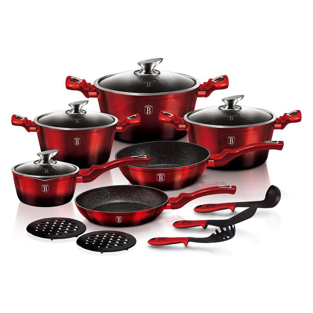 BerlingerHaus 15-piece pot set from the series METALLIC LINE - Black BURGUNDY BH-1632 (BH/1632N)