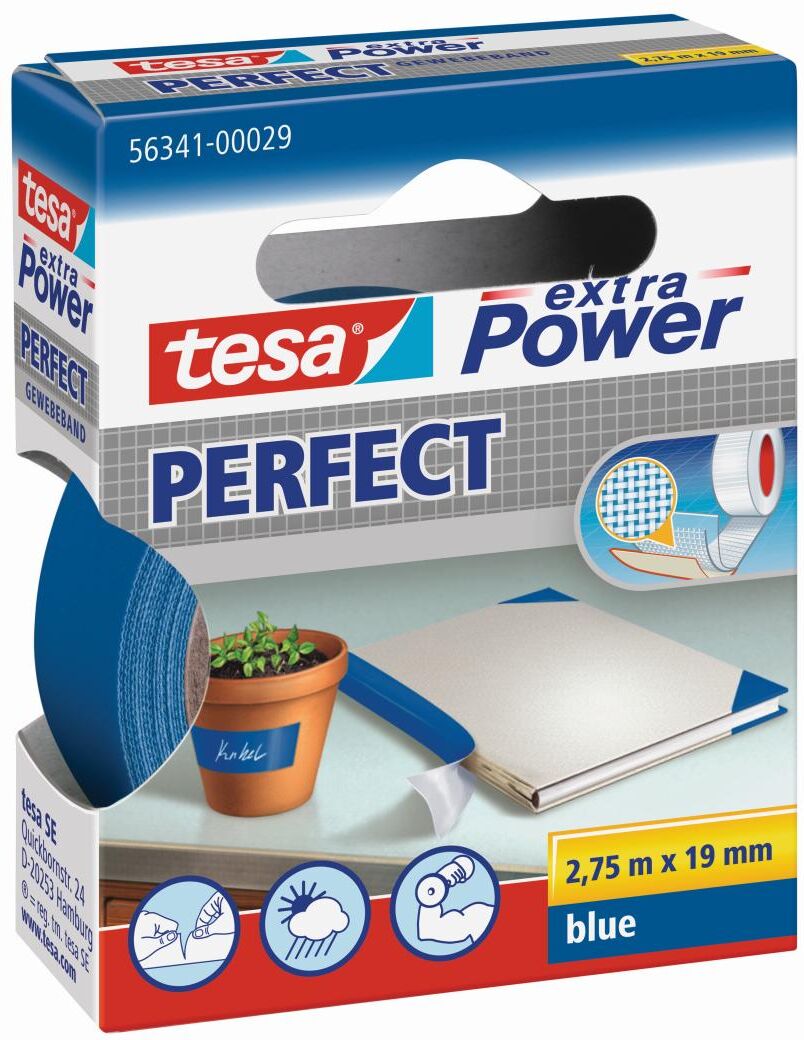 tesa extra Power PERFECT Gewebeband, blau, 2,75 m x 19 mm
