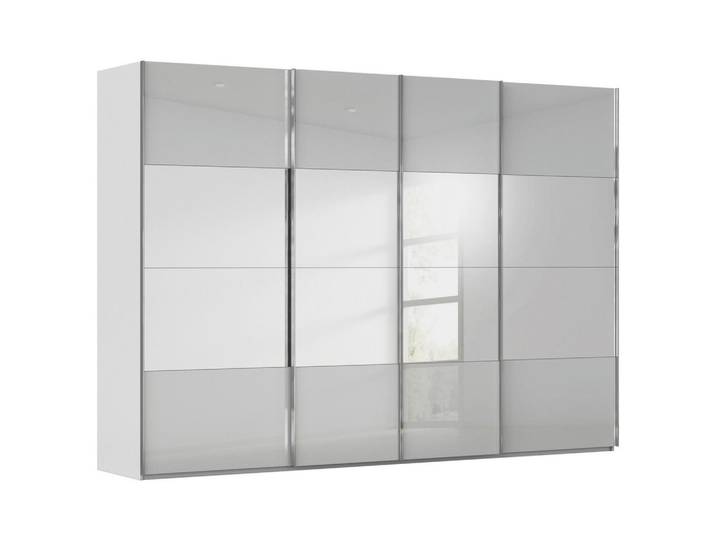 Novel Schwebetürenschrank Saligo, Seidengrau, Glas, 8 Fächer, 316x235x68 cm, Blauer Engel, Made in Germany, Beimöbel erhältlich, umfangreiches Zubehör in verschiedenen Größen Holzdekoren Türenfelder nicht untereinander austauschbar, Schlafzimmer, Kleiderschränke, Schwebetürenschränke
