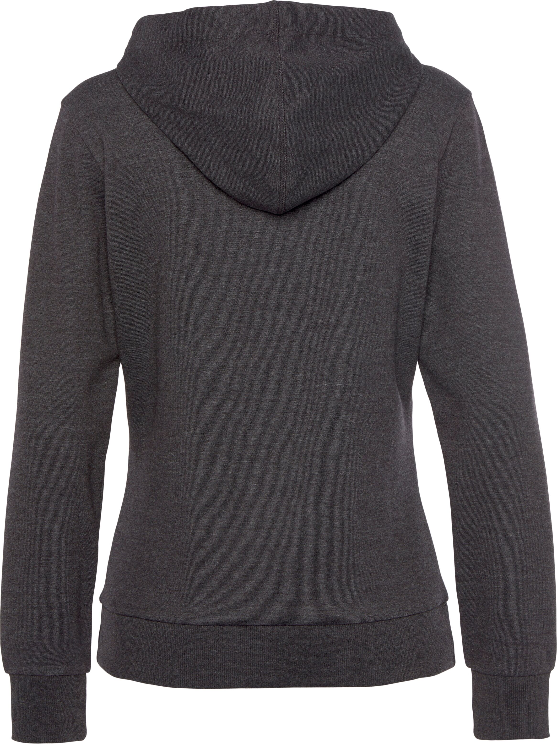Kapuzensweatshirt BENCH. LOUNGEWEAR, Damen, Gr. 40/42, grau (anthrazit meliert), Interlock, Obermaterial: 54% Baumwolle, 46% Polyester, bestickt, meliert, unifarben, Basic, bequem hüftlang, Rippbündchen, Sweatshirts Kapuzensweatshirt, mit glänzender Logos