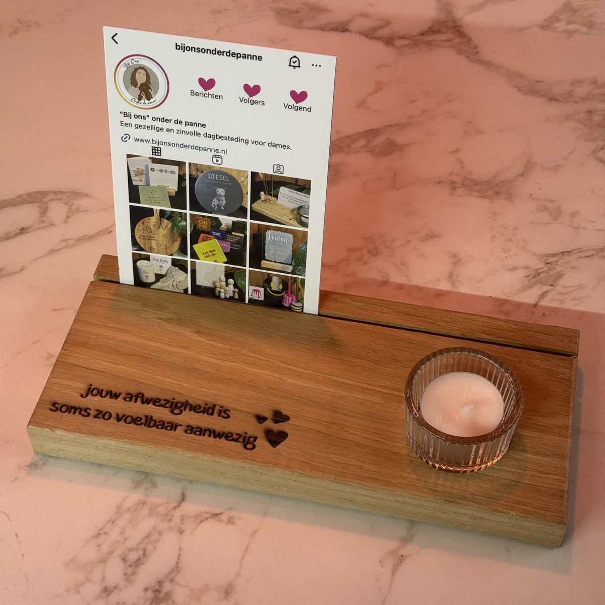Persoonlijk eikenhouten herinneringsplankje met waxinelichthouder voor in memoriam