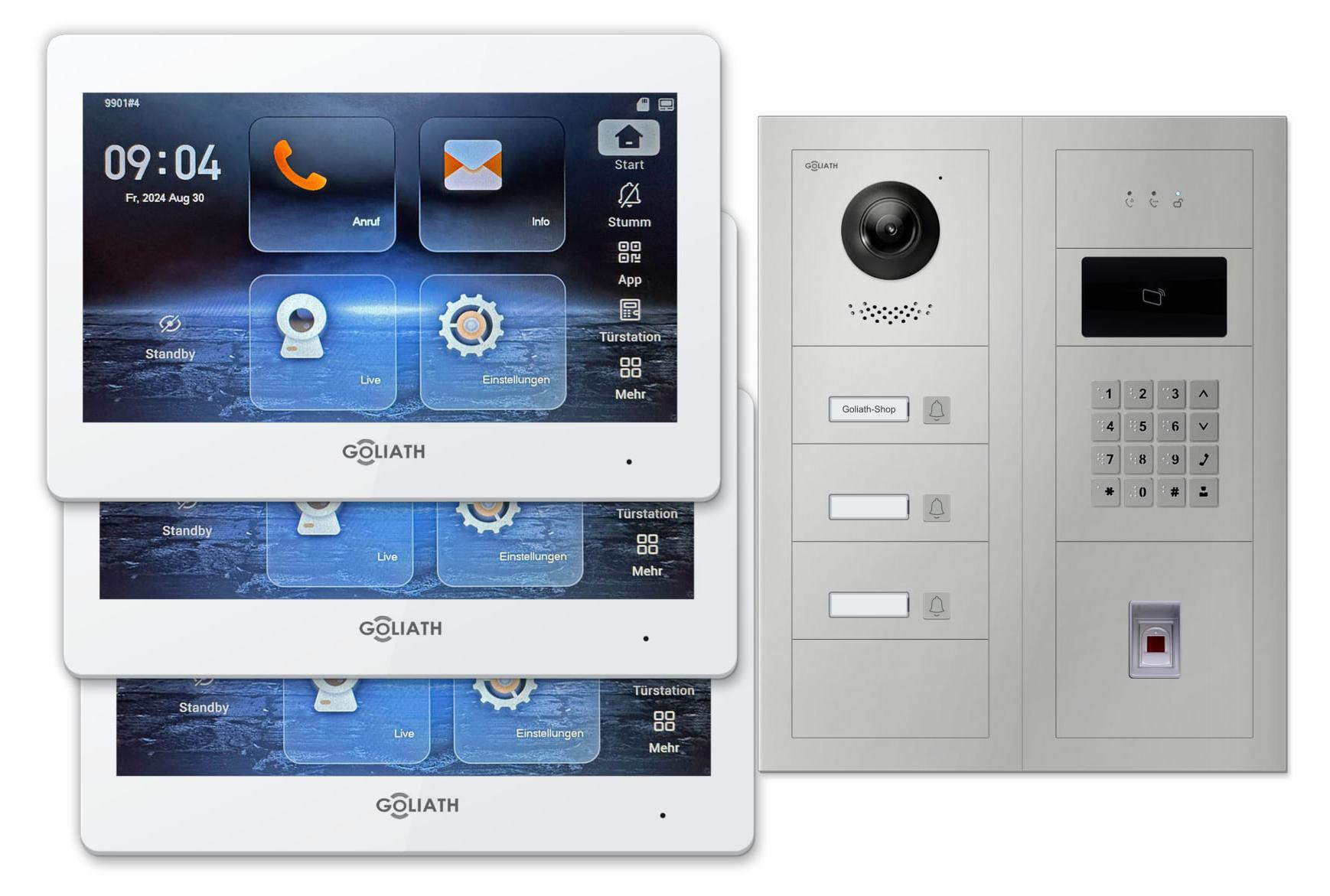 Goliath Premium IP GL-IPH390.1 Video-Türsprechanlage, 3 Familien, 3× 7 Zoll Weiß, Silber, Aufputz, Fingerprint/RFID/Zahlencode + Feedback