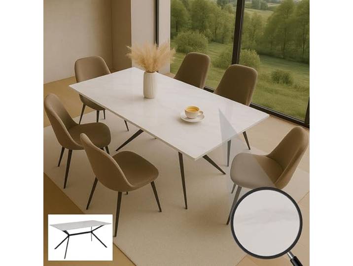 Mendler Esszimmertisch HWC-O58 Marmor-Optik 160cm Metall - weiß Esstisch, Sinterstein