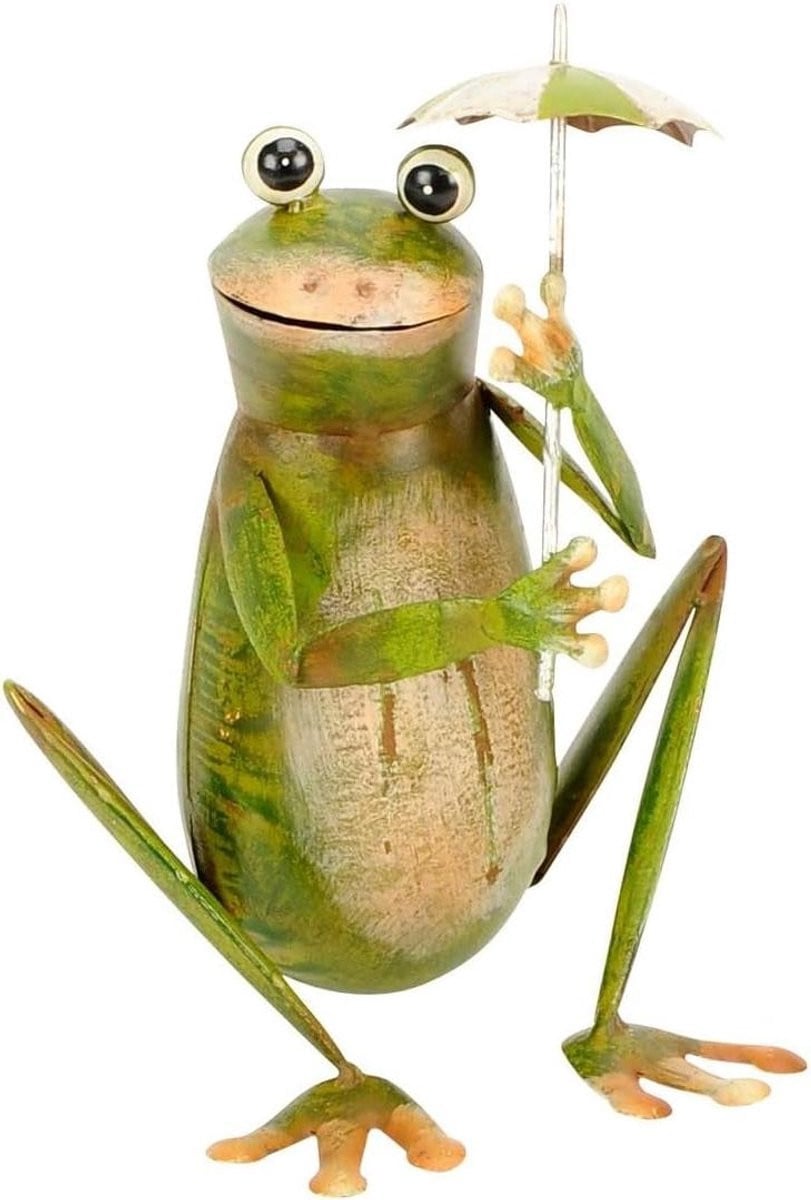Groene metalen kikker decoratie met antieke afwerking, hoogte: 23 cm