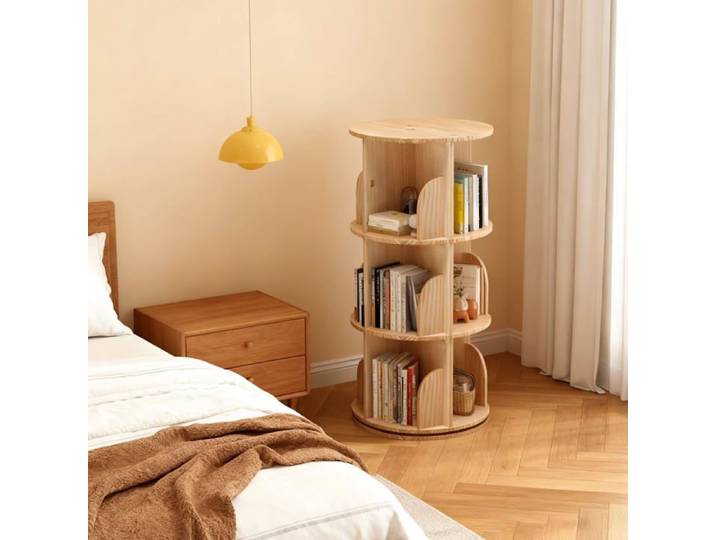 Bibliothèque pivotante en bois massif - LUNSY - 3 étages - Pivotante à 360° - 39x39x98 cm - Beige - Grande capacité