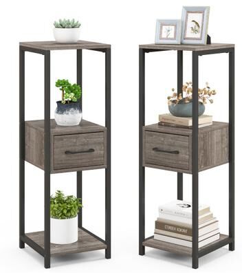 Costway 2 Pack 3 Tier Tall Metal Plant Stand with Drawer and Display Shelf-Gray