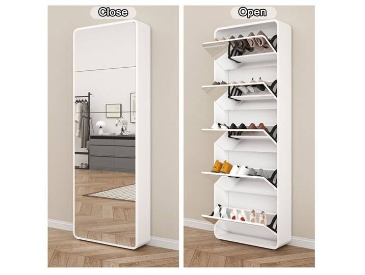IVMEU Meuble à chaussures avec miroir pleine longueur 5 compartiments basculants 15 paires blanc