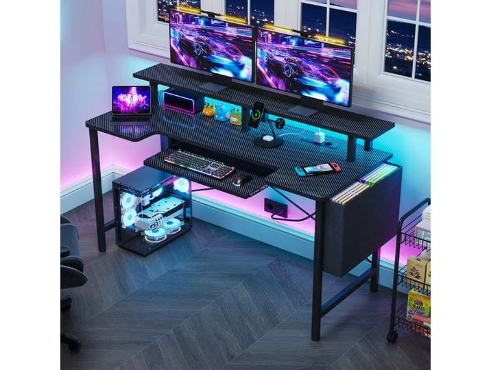 Bureau Gaming LED 140 cm avec Support Clavier Coulissant Grand Bureau Informatique avec Prises Support Moniteur et Sac de Rangement