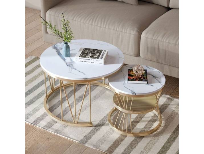 Table basse ronde - Bois Marbre et Pieds Métal - Table basse gigogne - Support en forme de V - D 70/45 cm x H 45/40 cm - Blanc