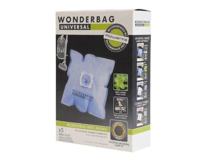 Rowenta Lot de 5 sacs Wonderbag Original Mint Aroma\, Compatibles avec les aspirateurs traineaux\, Adaptateur breveté universel\, Très résistant\, Haut pouvoir filtrant WB415120