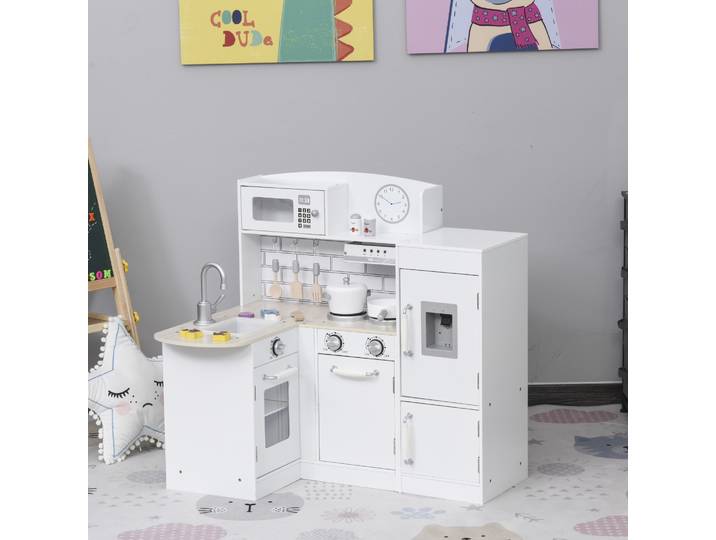 HOMCOM Cuisine Bois Jeu d'imitation - Cuisine Enfant 3+ Ans - Nombreux Accessoires & rangements Inclus - micro-ondes, hotte, évier avec robinet - MDF pin Blanc