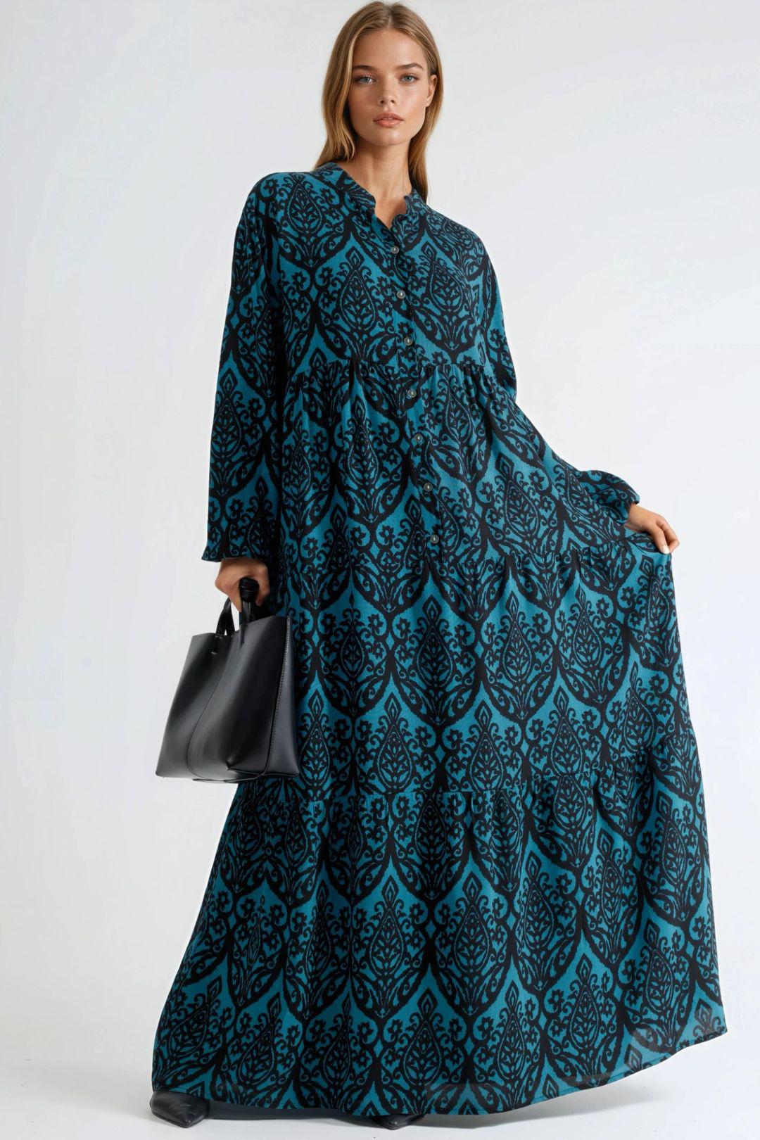 Komfortables gemustertes Maxikleid mit V-Ausschnitt